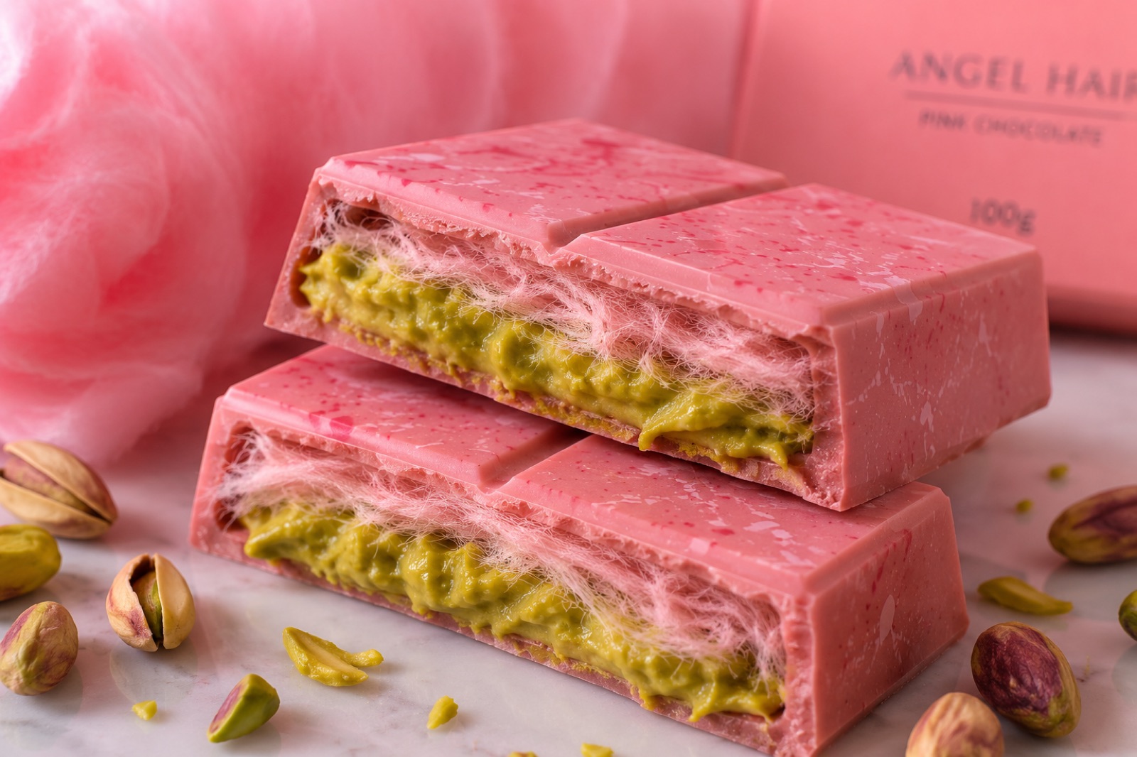 Cross-section of an angel hair chocolate bar — Turkish cotton candy and pistachio cream layers inside a pink chocolate shell