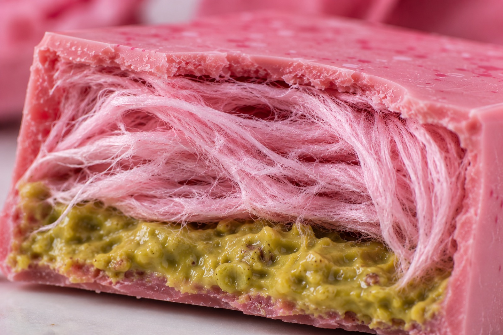 Macro of cotton candy strands and pistachio cream inside a broken angel hair chocolate bar — melt-in-your-mouth viral bite
