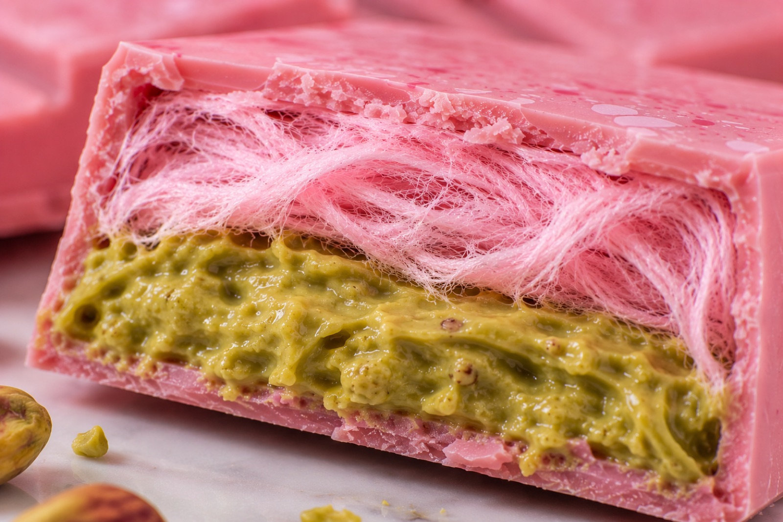 Rich pistachio cream filling inside the angel hair chocolate bar — nutty, smooth, 100% real pistachio paste
