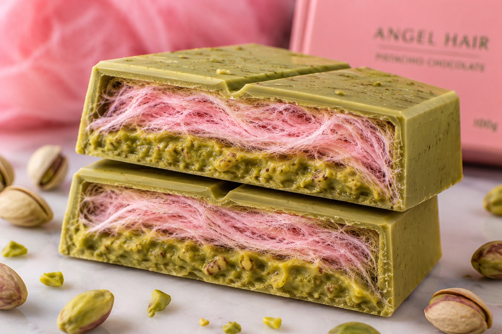 Pistachio angel hair chocolate bar — green pistachio shell with cotton candy strands and rich pistachio cream
