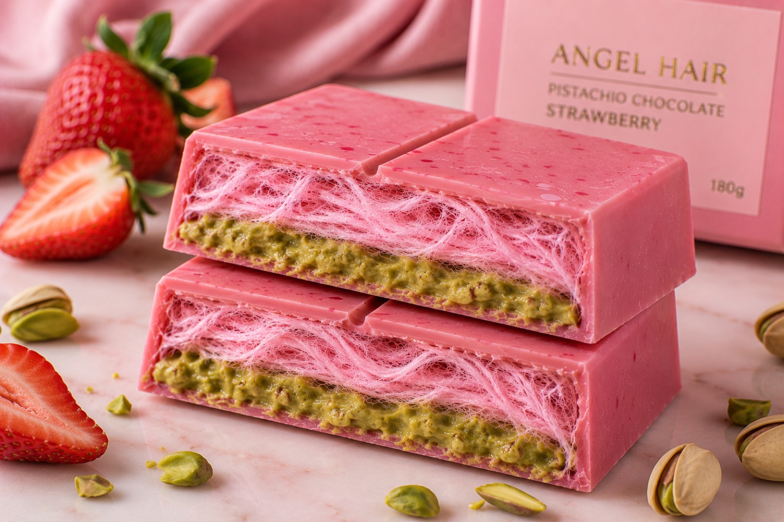 Strawberry angel hair chocolate bar — pink shell with fresh strawberries, cotton candy and pistachio cream