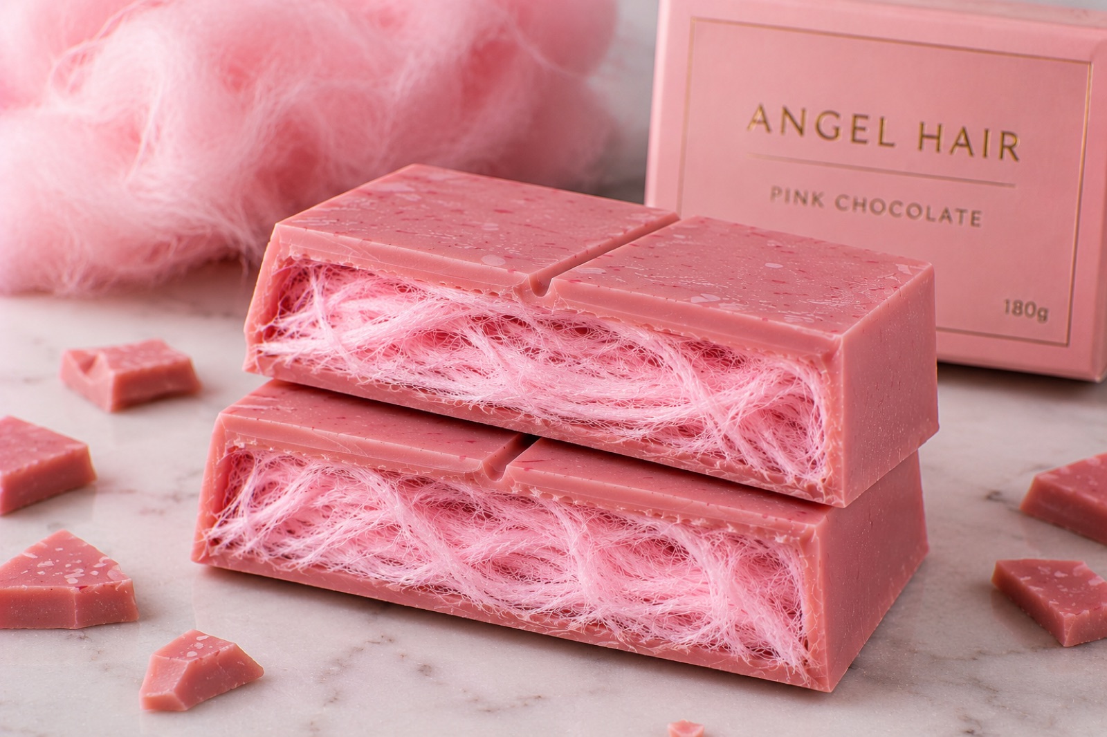 Viral pink angel hair chocolate bar with Turkish cotton candy and pistachio cream — premium Belgian-style gourmet treat