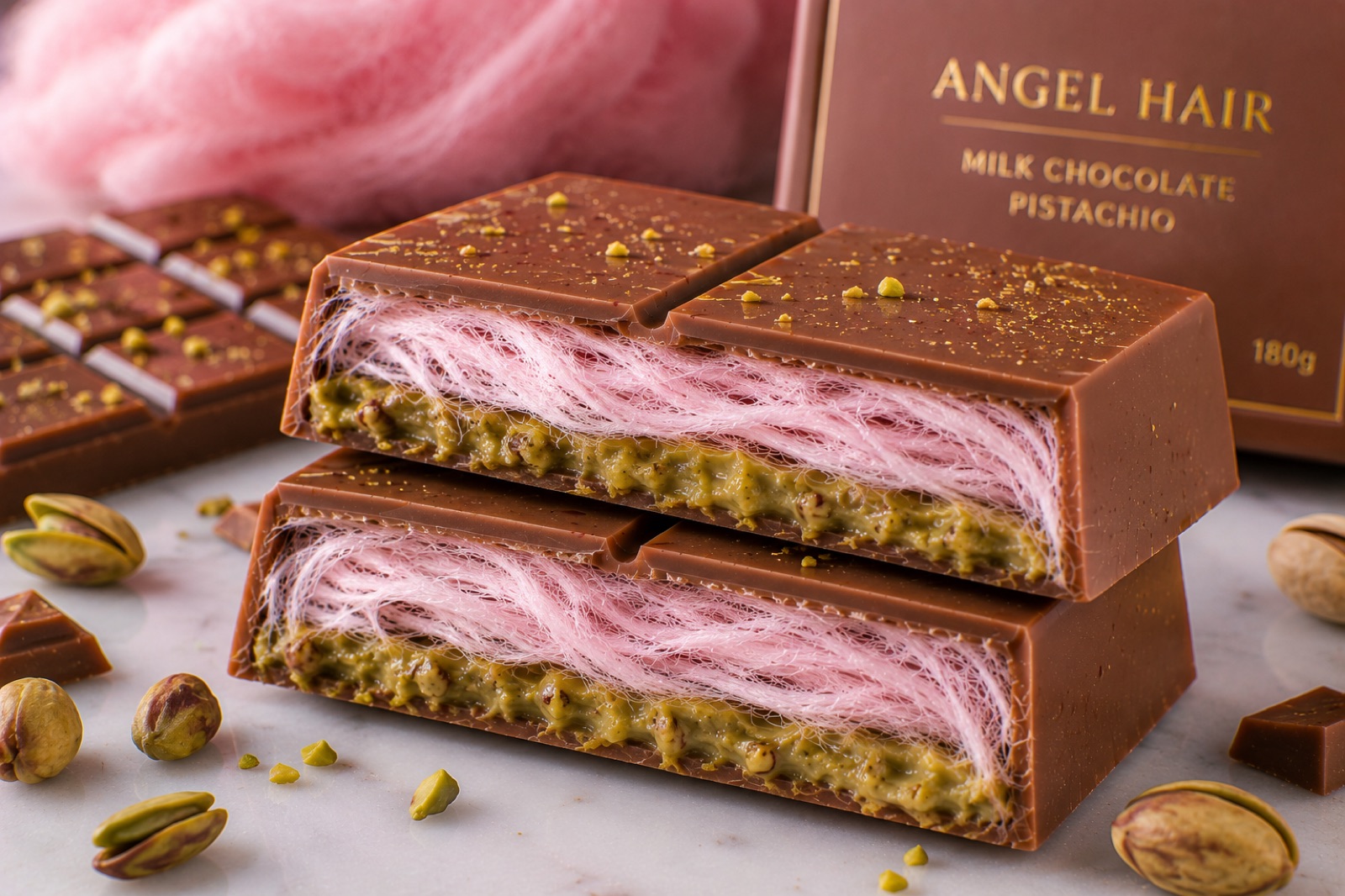 Milk chocolate pistachio angel hair bar — rich, chocolatey, melt-in-your-mouth gourmet treat