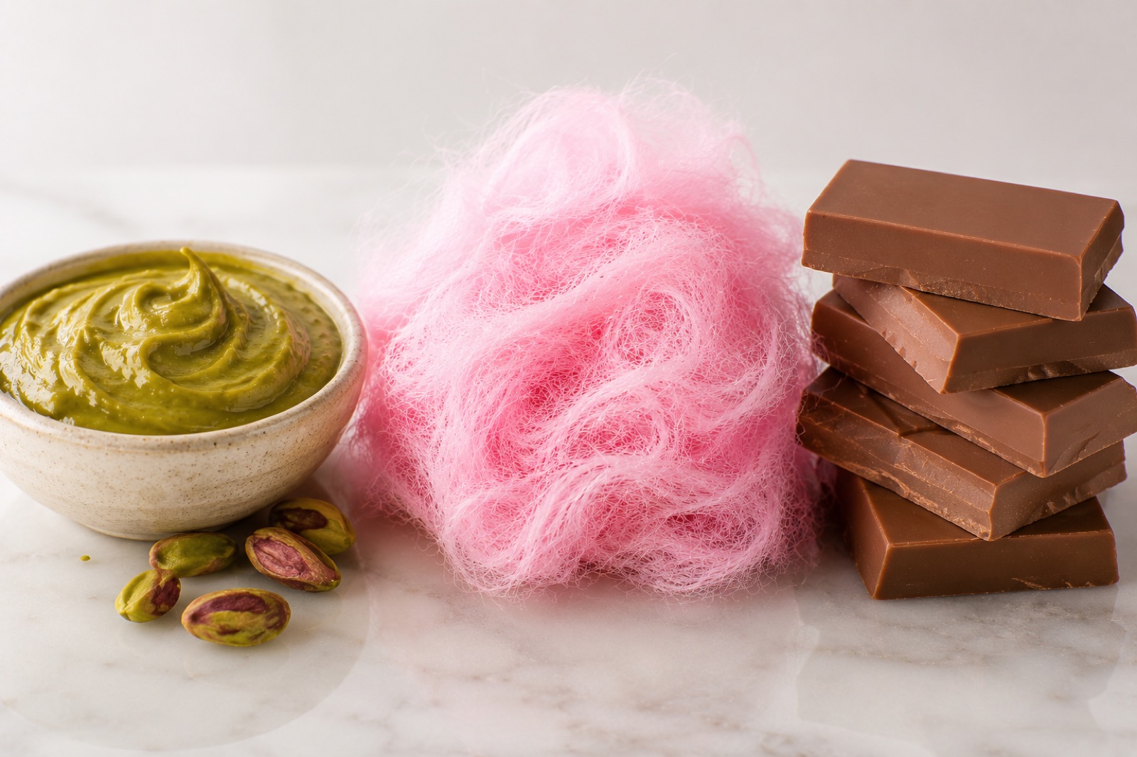Premium ingredients flat-lay — real pistachio cream, Turkish cotton candy (pişmaniye) and Belgian chocolate side by side