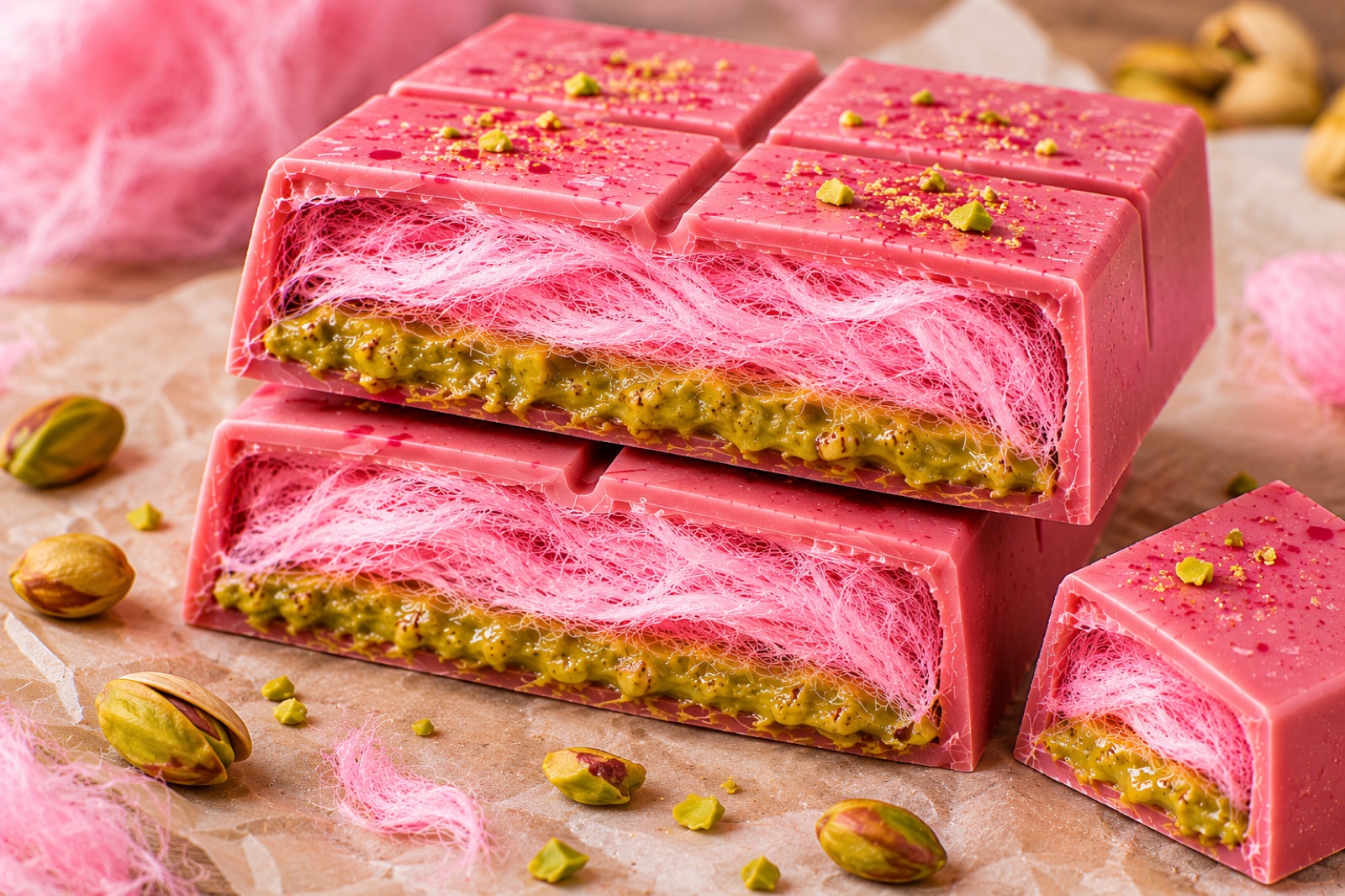 Premium Belgian-style pink chocolate shell — the viral angel hair chocolate bar on parchment with pistachios and cotton candy