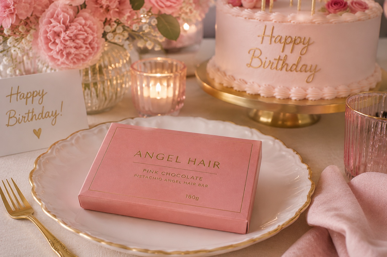 Angel hair chocolate gift box on a birthday table setting — sweet gourmet treat for birthdays, holidays and special occasions